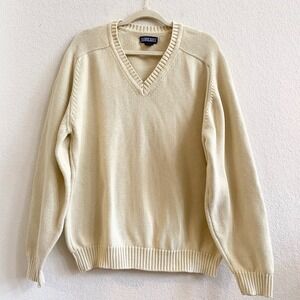 Lands End Mens V Neck Sweater‎ L 42-44 Beige Cotton Long Sleeve Pullover Classic